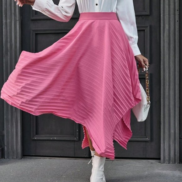 Pink Casual Womens Solid Hanky Hem Pleated Detail Skirt - Picture 3 of 5